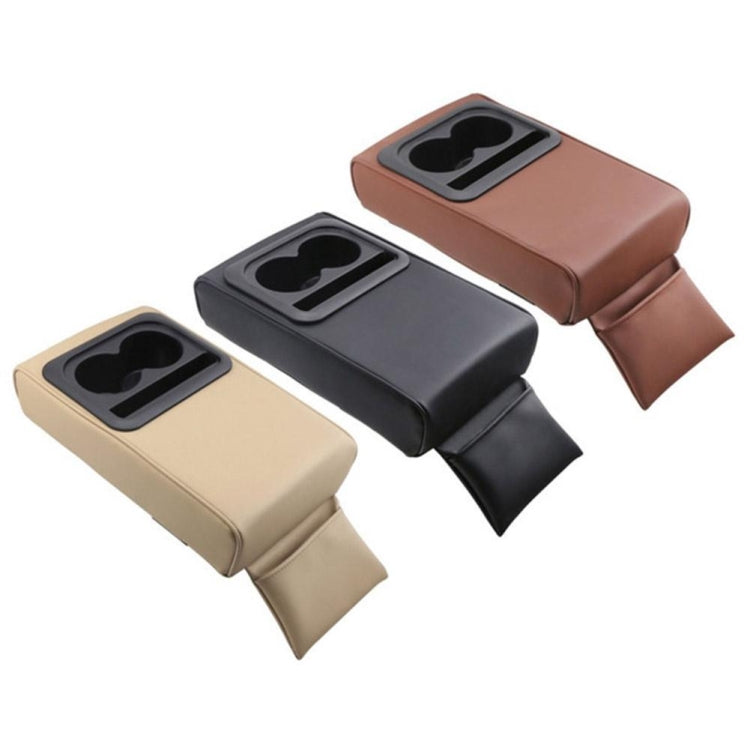 Car armrest boxes in beige, black, and brown with cup holder inserts