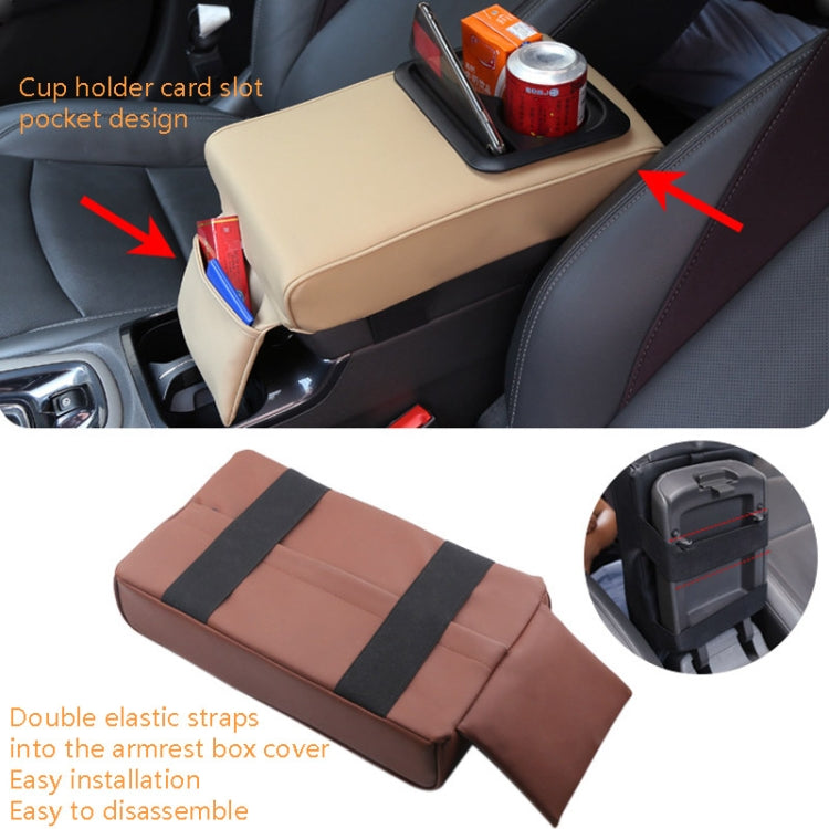 Beige car armrest box with cup holder tray and organizer side pocket