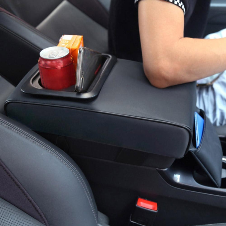 Black rear seat car armrest box with cup holder tray and side storage pocket