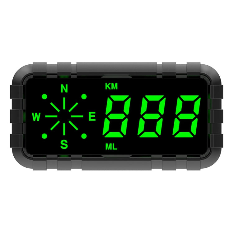 Car HUD speed alarm display with bright green digits and compass direction markers on dark screen