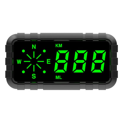 Car HUD speed alarm display with bright green digits and compass direction markers on dark screen