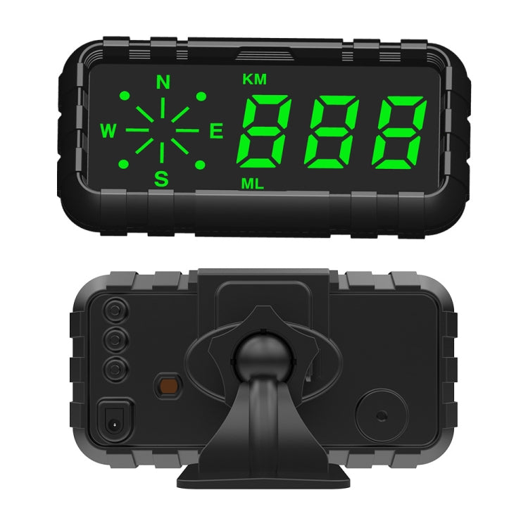 Car HUD speed display with mounting stand; front and back views with green digits on screen