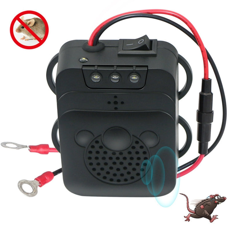 Ultrasonic vehicle mouse repeller device, black with red/black wiring and front speaker grille.