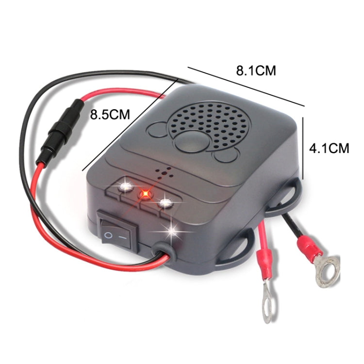 Ultrasonic mouse repeller with red/black power leads and front speaker grille, size marked.