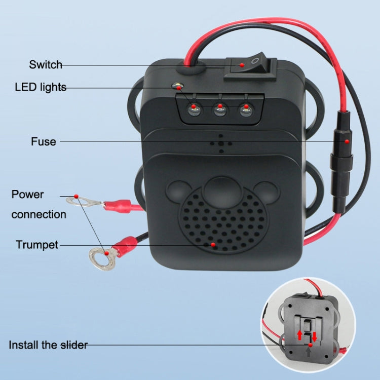 Ultrasonic vehicle mouse repeller with switch, LED indicators, fuse, and power connection.