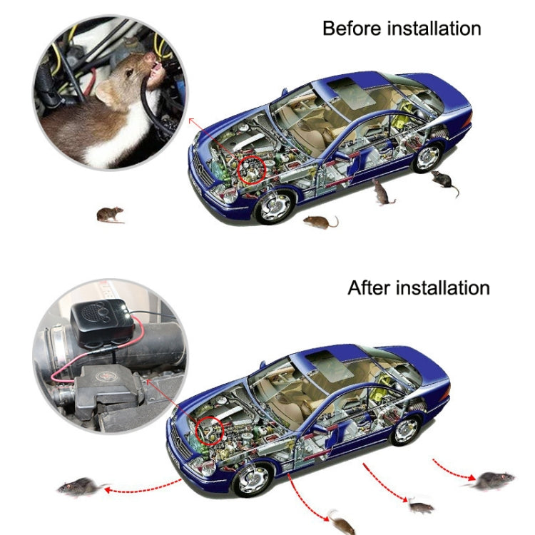 Vehicle mouse repeller installed in car engine bay, showing before-and-after setup.