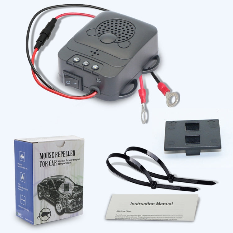 Ultrasonic vehicle mouse repeller kit with speaker unit, wiring, mounting parts, and instruction manual.