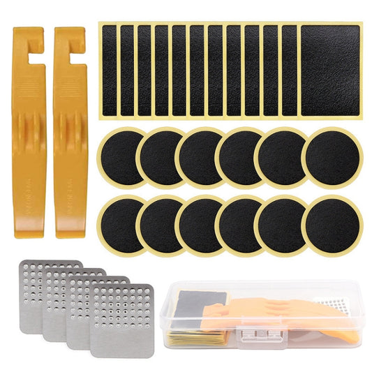 Bicycle tire repair kit with yellow tire levers, abrasive strips, tire plugs, and case