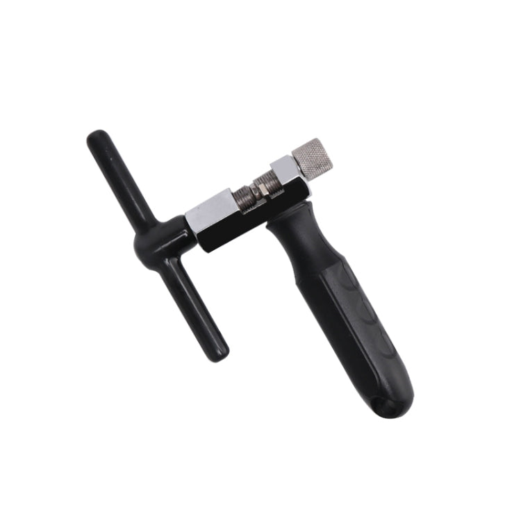 Bicycle chain repair tool with black T-handle and threaded knurled adjustment
