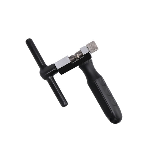 Bicycle chain repair tool with black T-handle and threaded knurled adjustment