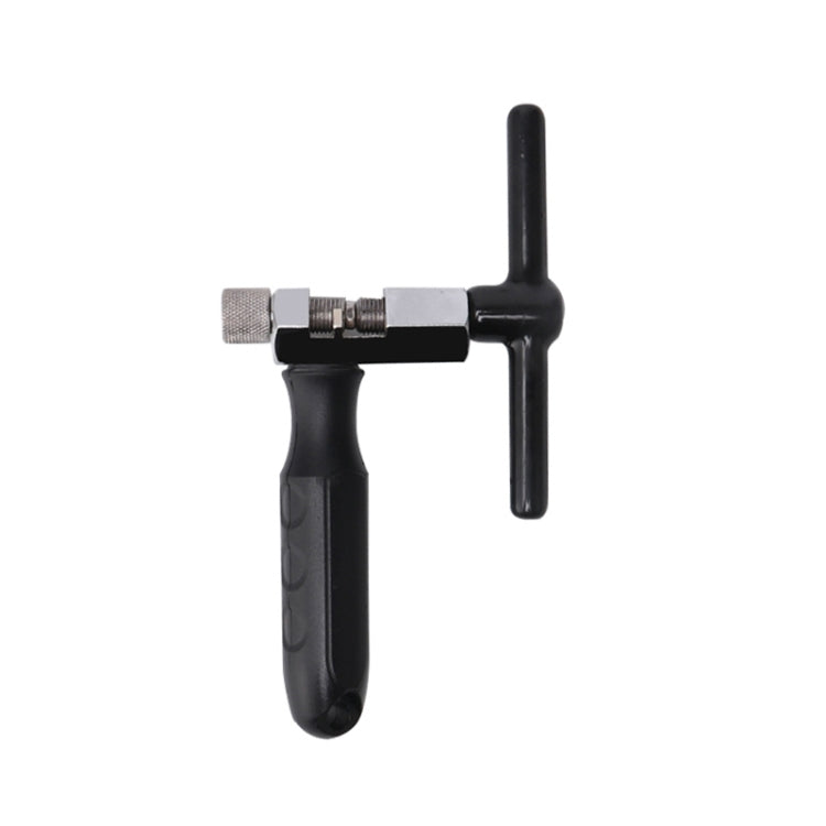 Bike chain tool with black grip handles and metal threaded tension knob