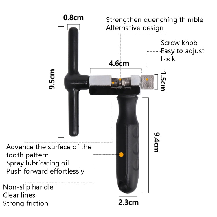 Bicycle chain repair tool with measurements, screw knob, and textured handle