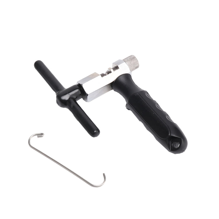Bicycle chain repair tool with black lever handle and included metal hook tool