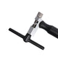 Bike chain tool with metal clamp piece, textured thumb screw, and black cross handles