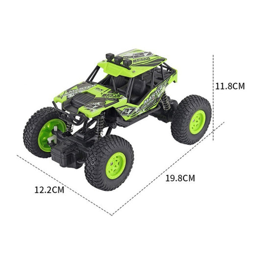Green remote control off-road vehicle toy with knobby tires and roof details