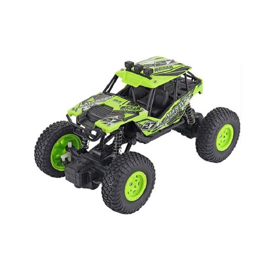 Green remote control off-road vehicle toy with rugged tires and black chassis