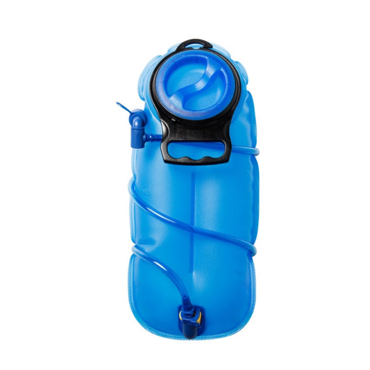 Blue outdoor water bag with screw cap, carry loop, and side hose spout