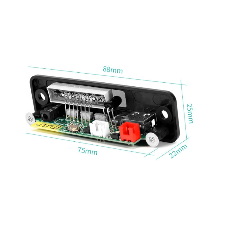 Bluetooth audio decoder board PCB exposed inside black housing, with wiring and connector parts