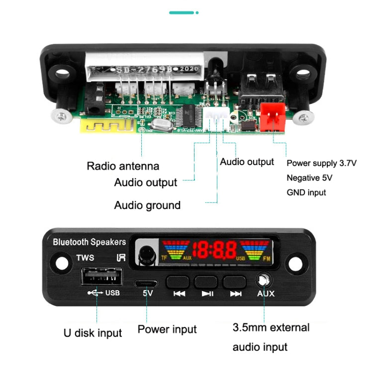 Bluetooth audio decoder board PCB in black casing with radio antenna and audio/power connections