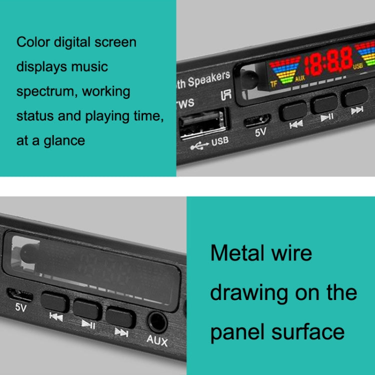 Black Bluetooth audio decoder board close-up with red LED digital display and AUX/USB controls