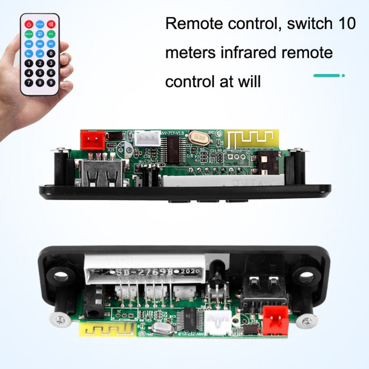 Open Bluetooth audio decoder board with green PCB, red power jack, and input/output connectors