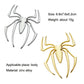 Metal spider car sticker pair in silver and gold with size and weight details