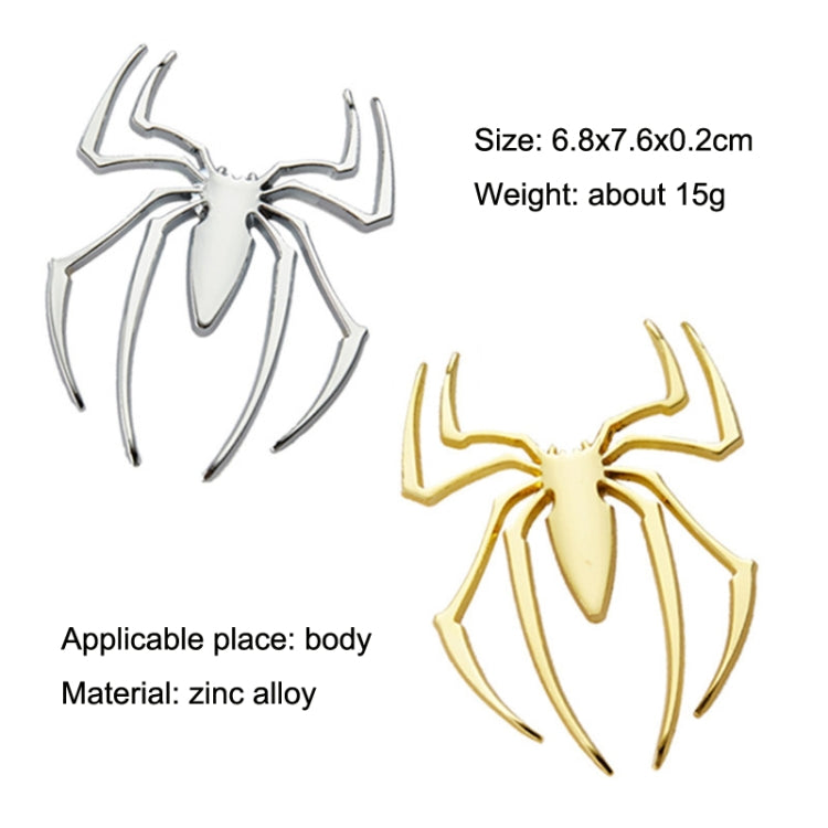 Metal spider car sticker pair in silver and gold with size and weight details