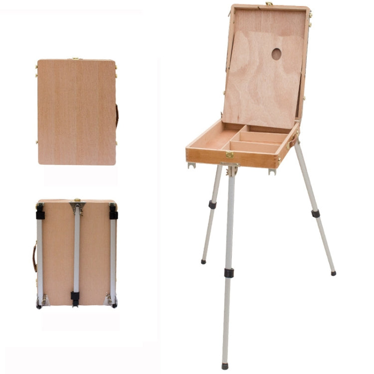 Portable wooden sketch box easel with hinged lid and fold-out tabletop on tripod legs