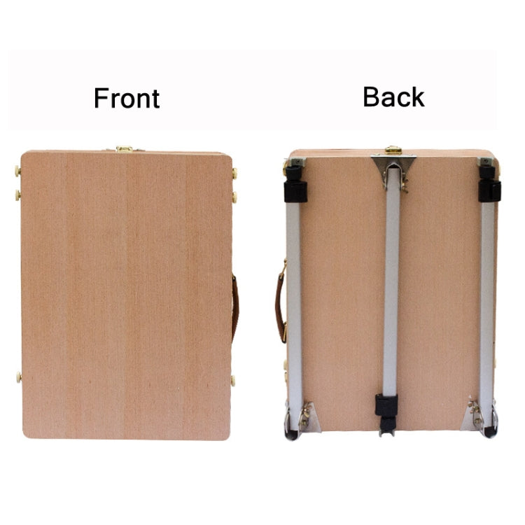 Portable wooden sketch box easel, front and back views with latches and straps