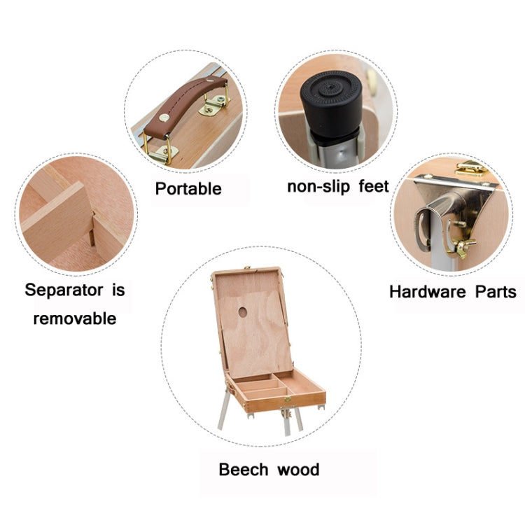 Beech wood sketch box easel with removable divider, non-slip feet, and metal hardware