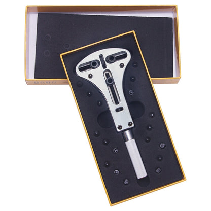 Three-prong watch opener set in a box with tool and spare parts tray