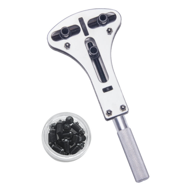 Three-prong watch opener tool with silver handle and small parts container