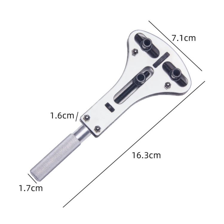 Three-prong watch opener tool with size diagram on silver handle