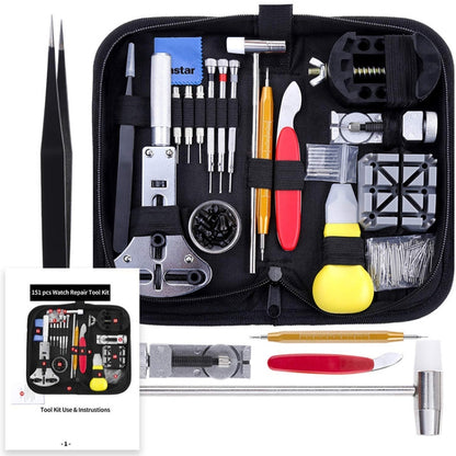 Watch repair tool kit bag with assorted precision tools and screwdrivers inside