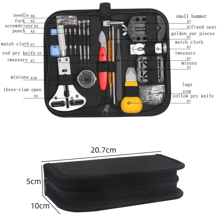Watch repair tool kit bag with labeled tools and included fabric zipper case size
