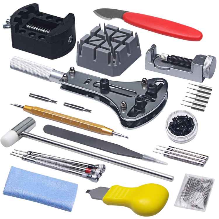Watch repair tool kit accessories set, including pliers, screwdrivers, and small parts