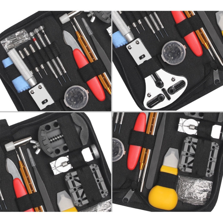 Watch repair tool kit bag interior close-up showing screwdriver set, tweezers, and bits