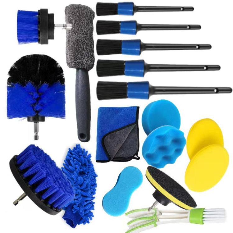 18-piece drill brush attachment kit with foam pads, scrub brushes, and microfiber heads