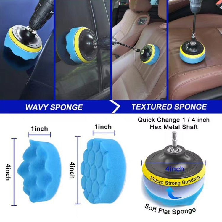 Electric drill brush with yellow and blue sponge pads on a hex metal shaft