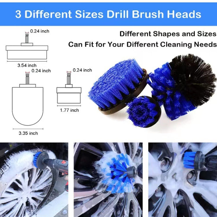 Drill brush heads kit with blue bristle brushes in different shapes and sizes