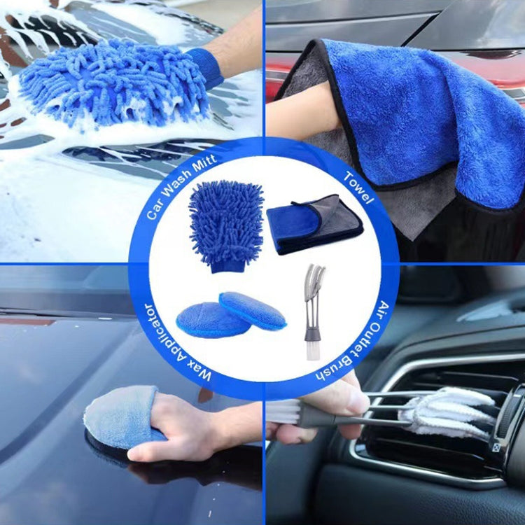 Car cleaning drill brush kit with blue microfiber brush, foam pads, and small scrub tool