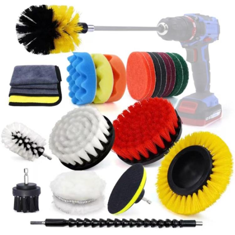 Multi-function car cleaning brush set with foam pads, bristle wheels, and drill adapters