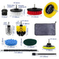 Scrub brush heads and shafts, including yellow, red, and green wheel brushes
