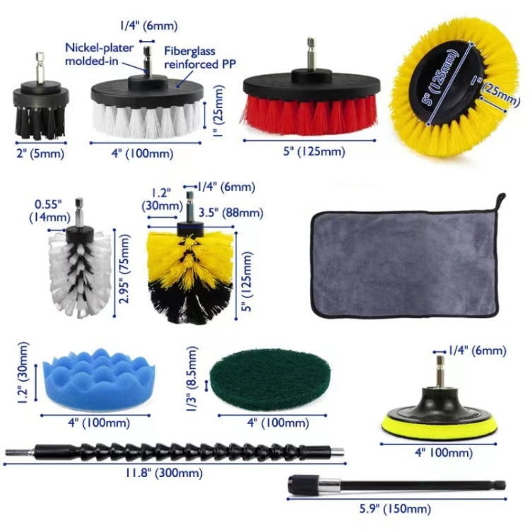 Scrub brush heads and shafts, including yellow, red, and green wheel brushes
