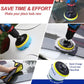Cordless drill scrub brush attachments with yellow and white pads for vehicle surfaces
