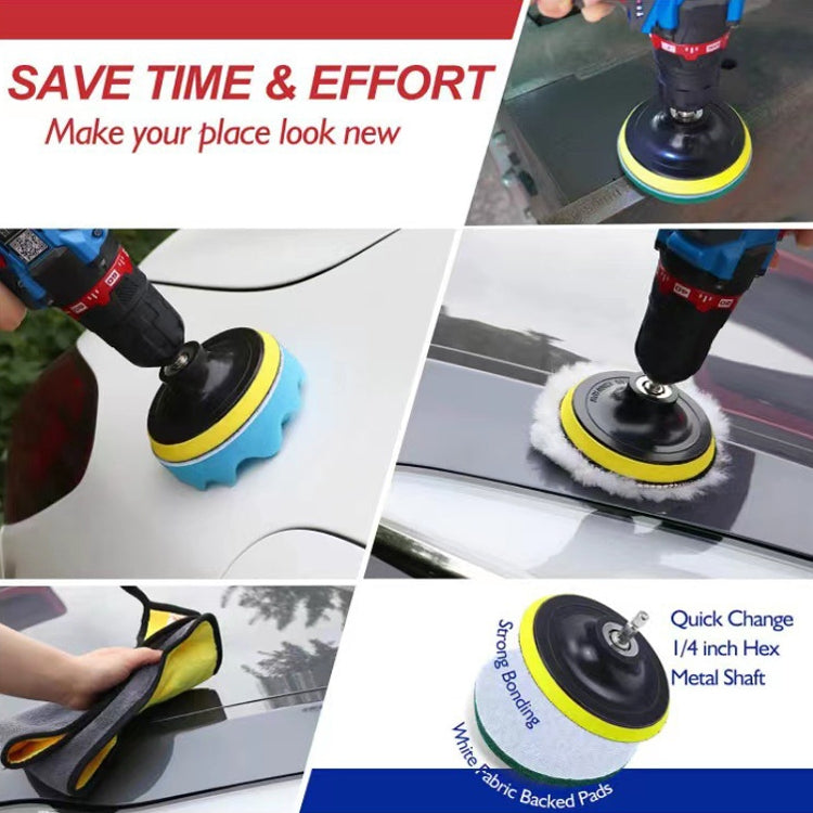 Cordless drill scrub brush attachments with yellow and white pads for vehicle surfaces