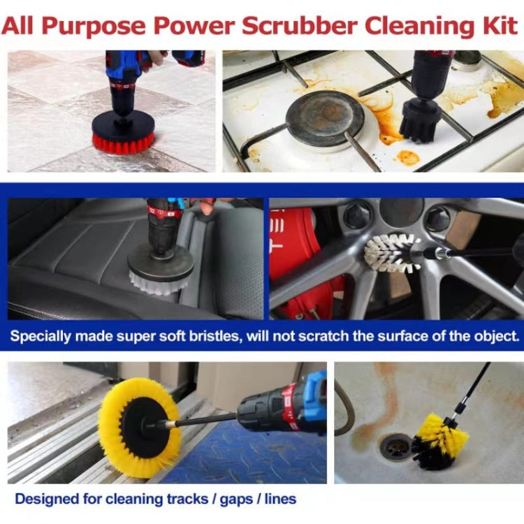 Power scrubber cleaning kit with red and white bristle heads and drill attachments