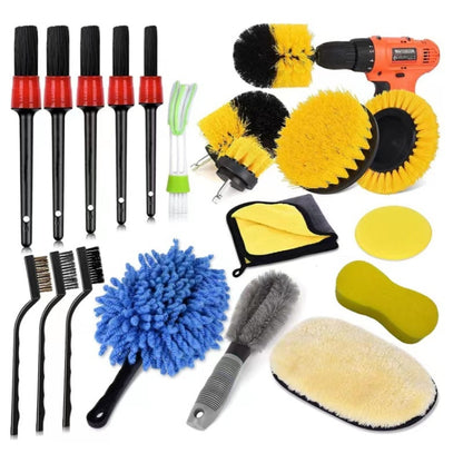 Car cleaning brush set with multiple detail brushes, sponges, and microfiber towels