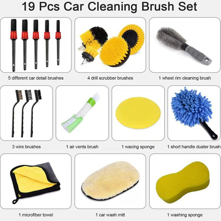 19-piece car cleaning brush set with wheel, drill scrubber, air vent and detailing tools