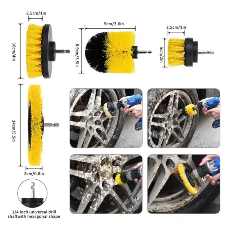 Wheel rim cleaning drill brushes with yellow and black bristles and hex-shaft ends